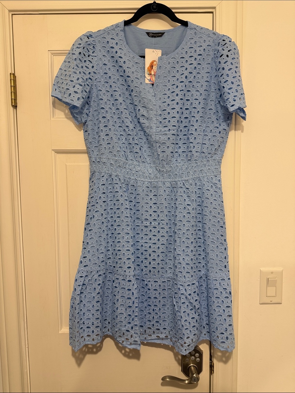 Light Blue Eyelet Mini Dress with Short Sleeves by Unknown Brand - Picture 1 of 8